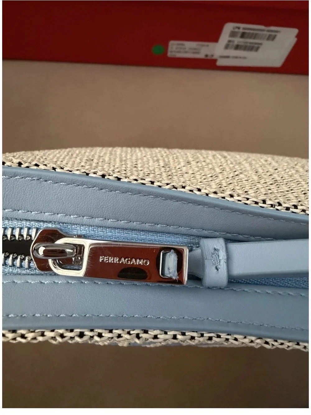 Salvatore Ferragamo Natural Canvas Pouch with Light Blue Logo